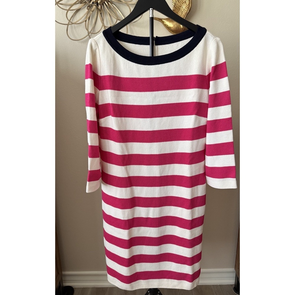 St John Collection Santana Knit Dress Women 12 Pink White Stripe Navy‎ Trim